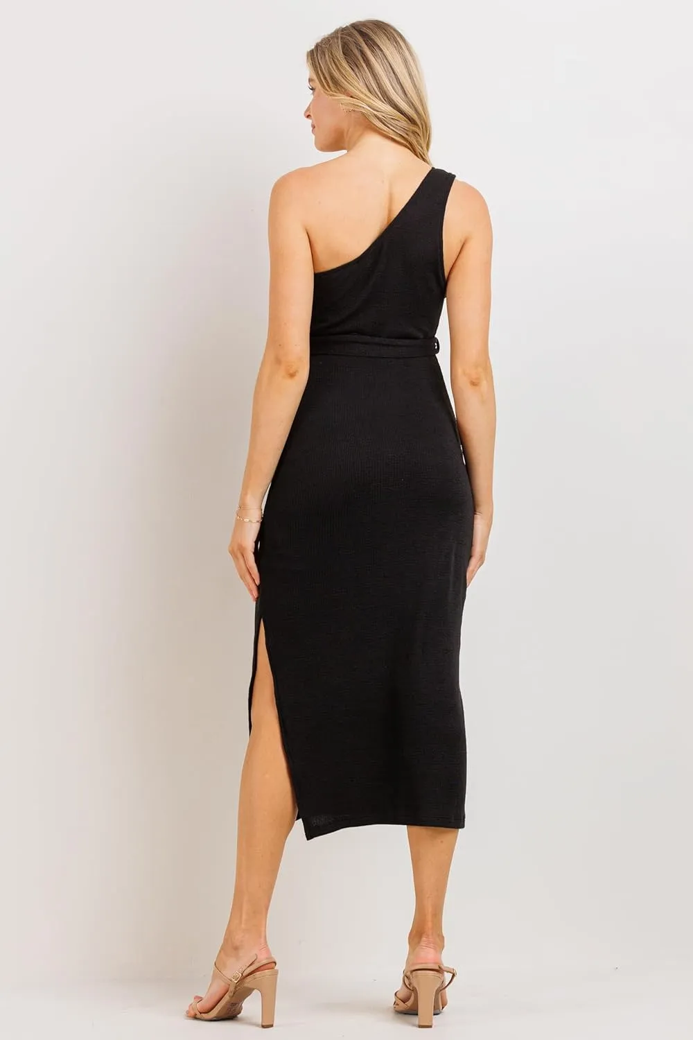 LaClef Womens One Shoulder Side Slit Tie Waist Maternity Dress