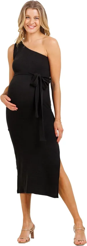 LaClef Womens One Shoulder Side Slit Tie Waist Maternity Dress