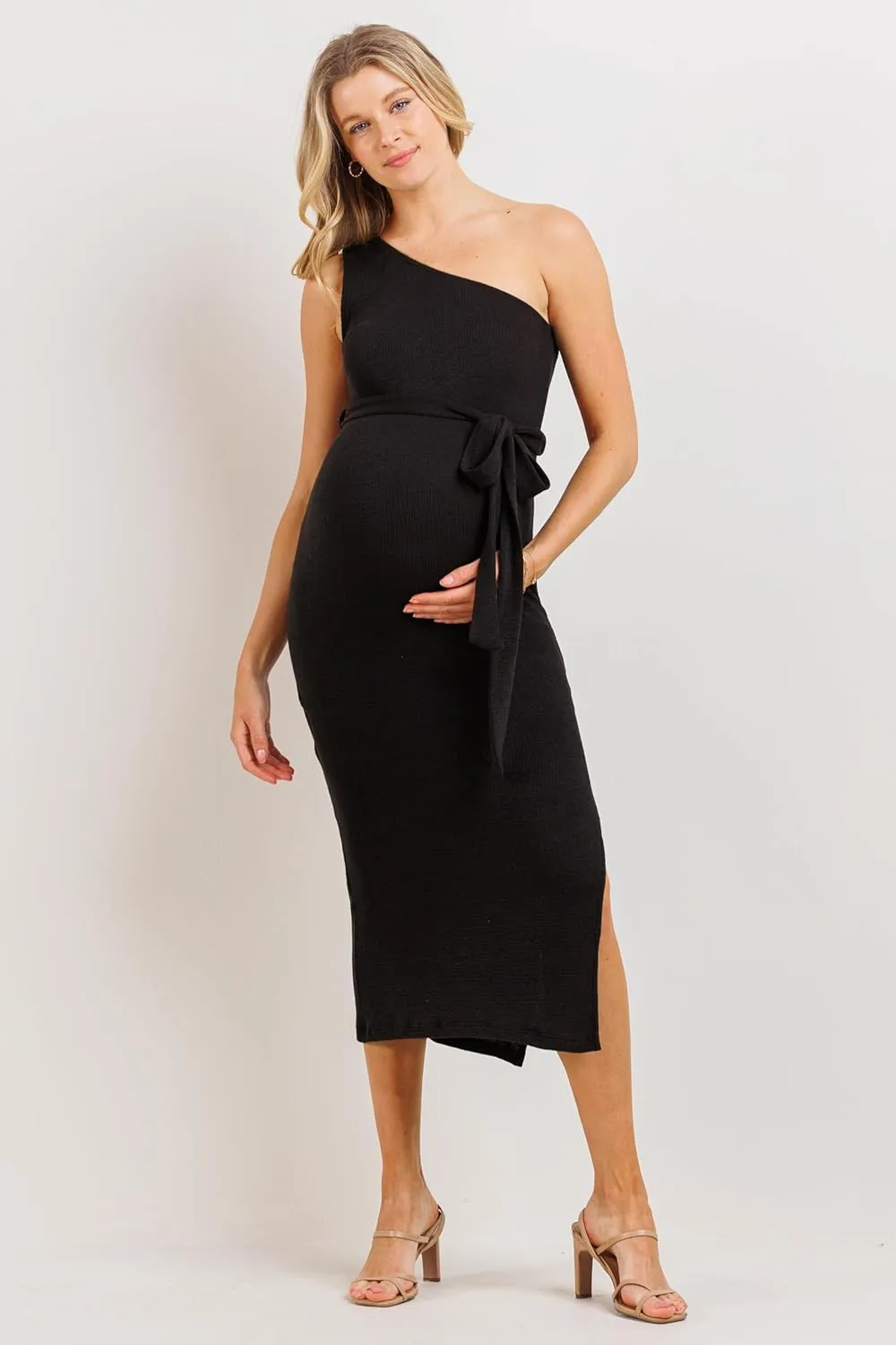 LaClef Womens One Shoulder Side Slit Tie Waist Maternity Dress