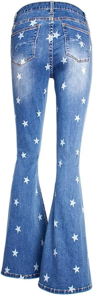 LAFOURAM Bell Bottom Jeans for Women High Waist Flared Wide Leg Floral Embroidered Denim Pants
