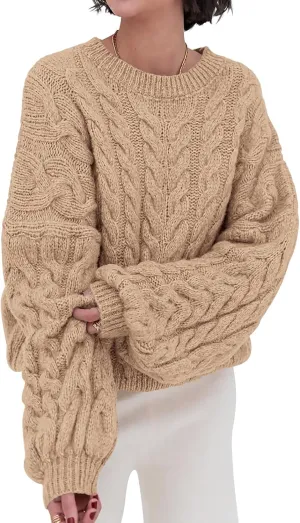 LAVASEON Womens Oversized Cable Knit Sweaters Crewneck Long Sleeve Casual Chunky Pullover Sweater Loose Outfits
