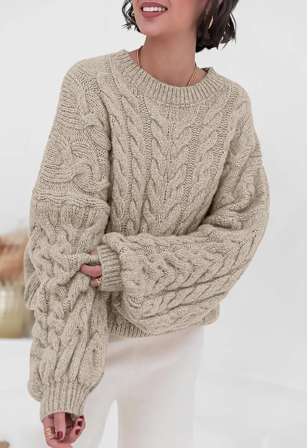 LAVASEON Womens Oversized Cable Knit Sweaters Crewneck Long Sleeve Casual Chunky Pullover Sweater Loose Outfits