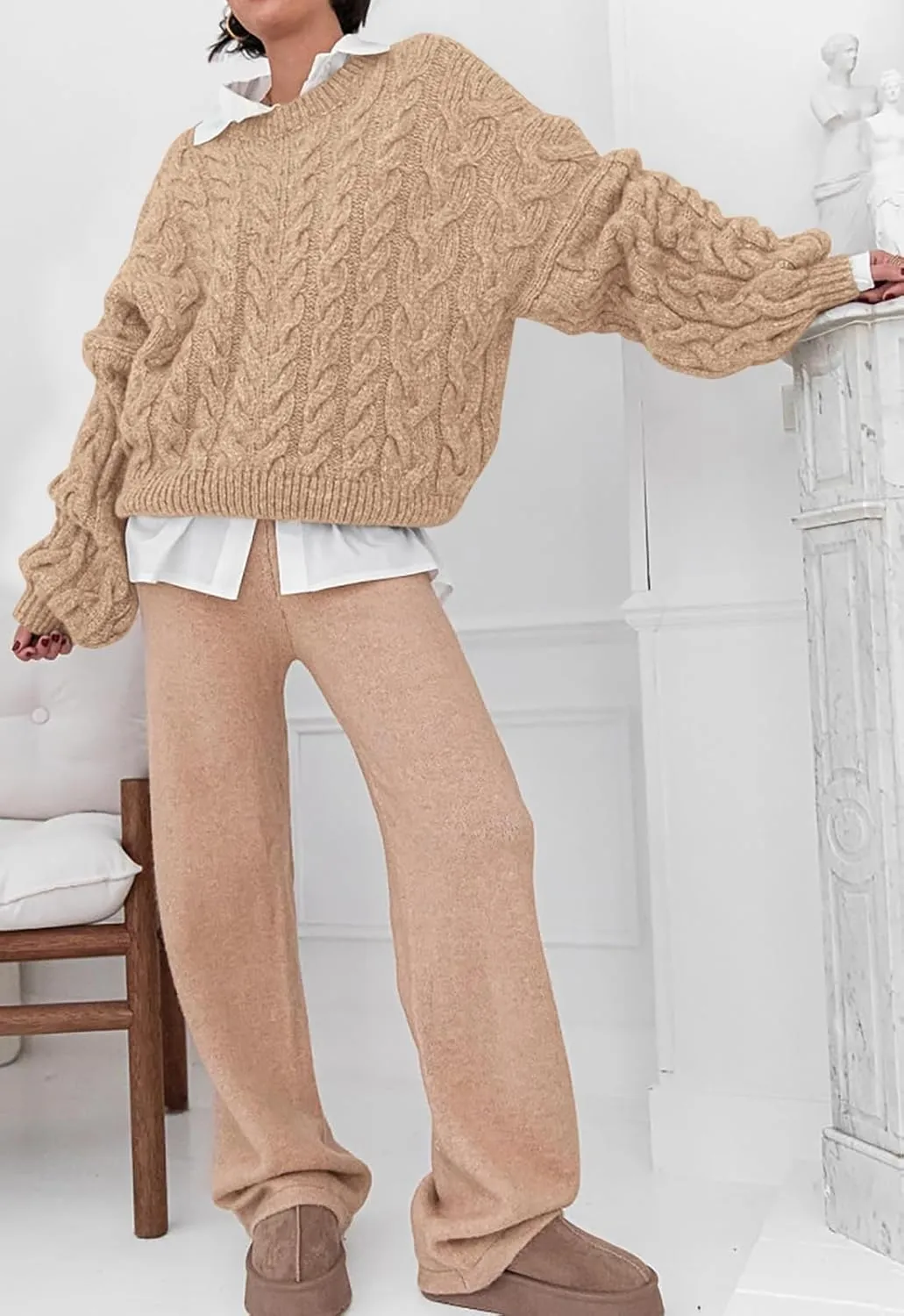 LAVASEON Womens Oversized Cable Knit Sweaters Crewneck Long Sleeve Casual Chunky Pullover Sweater Loose Outfits