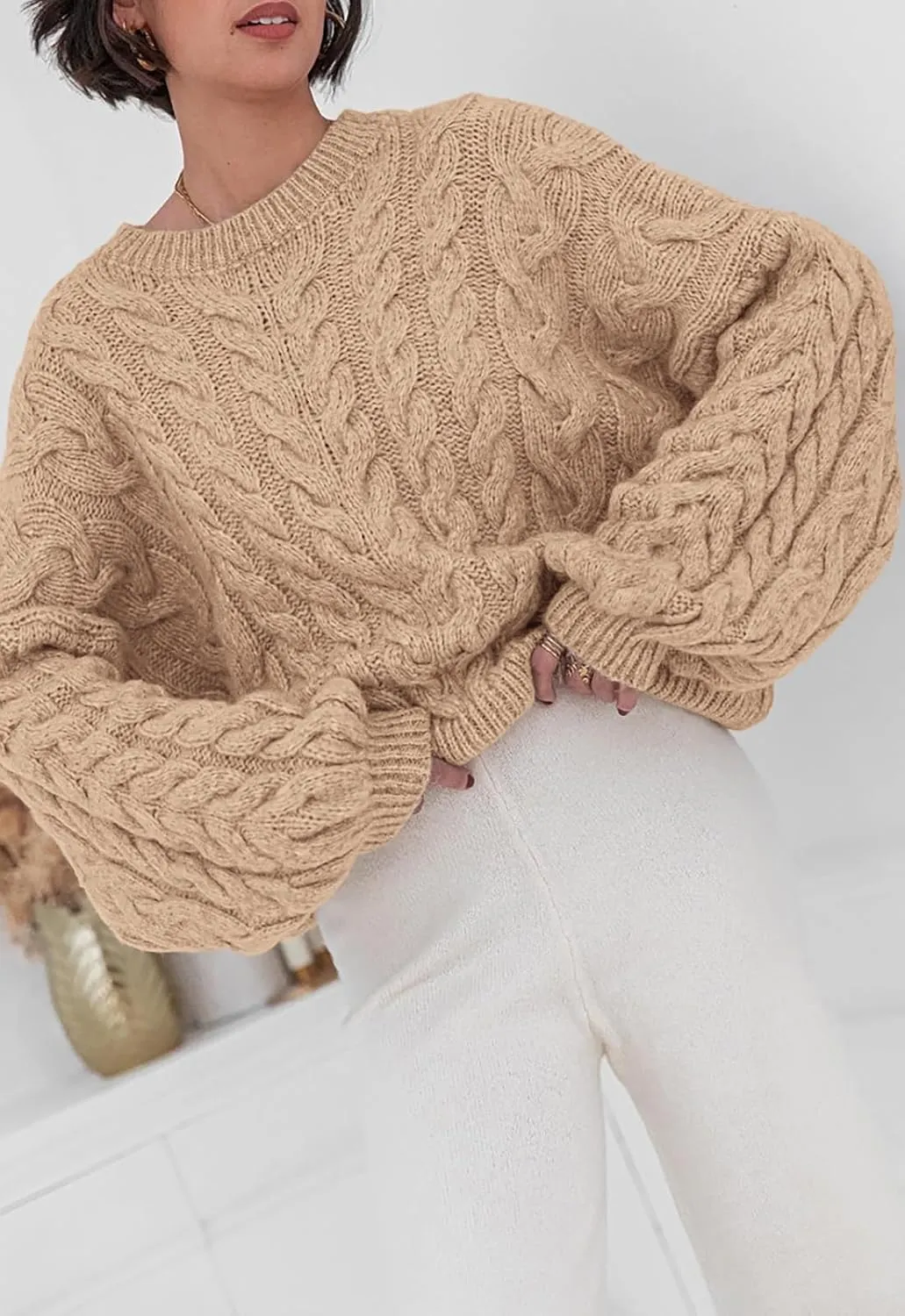 LAVASEON Womens Oversized Cable Knit Sweaters Crewneck Long Sleeve Casual Chunky Pullover Sweater Loose Outfits