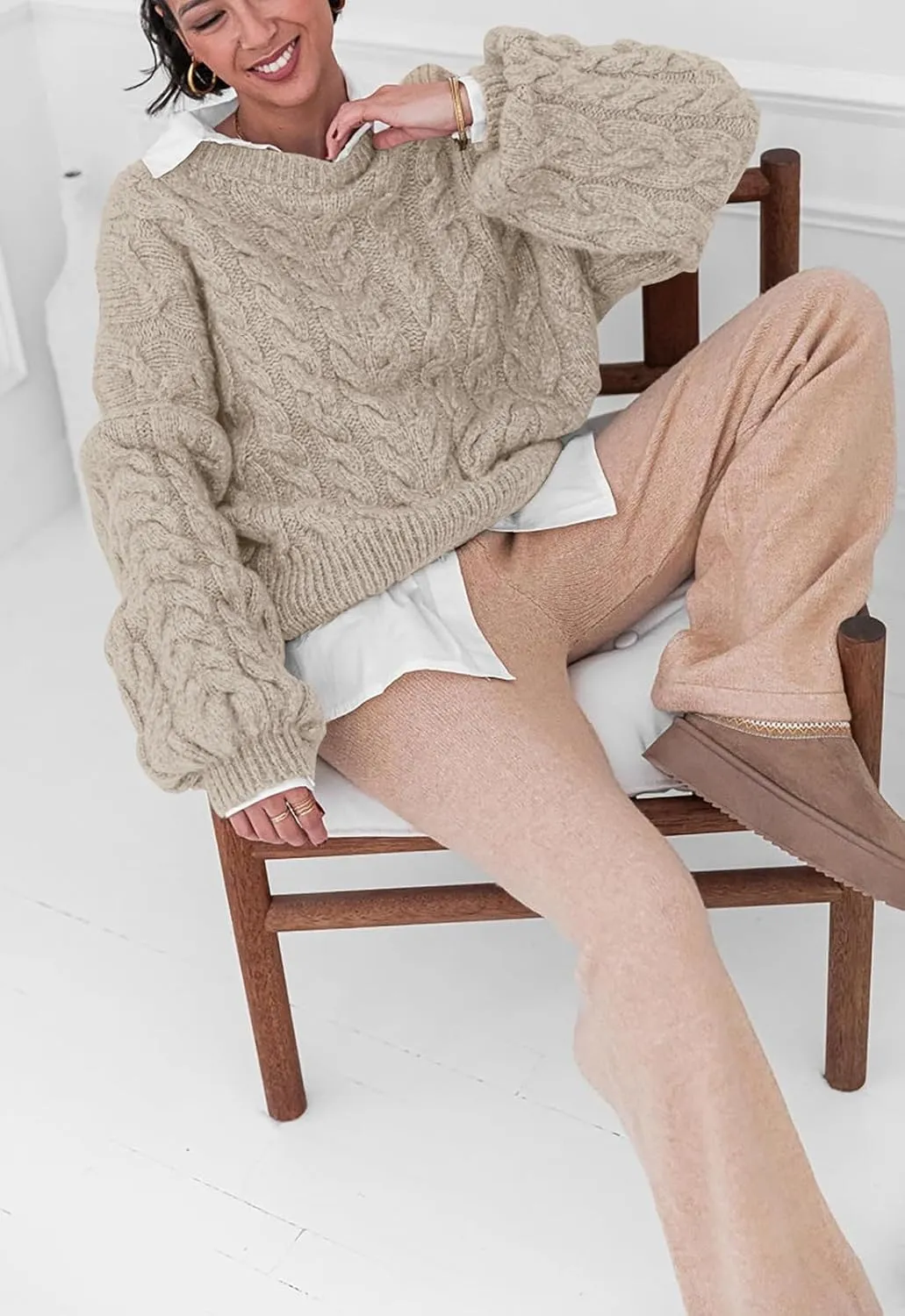 LAVASEON Womens Oversized Cable Knit Sweaters Crewneck Long Sleeve Casual Chunky Pullover Sweater Loose Outfits