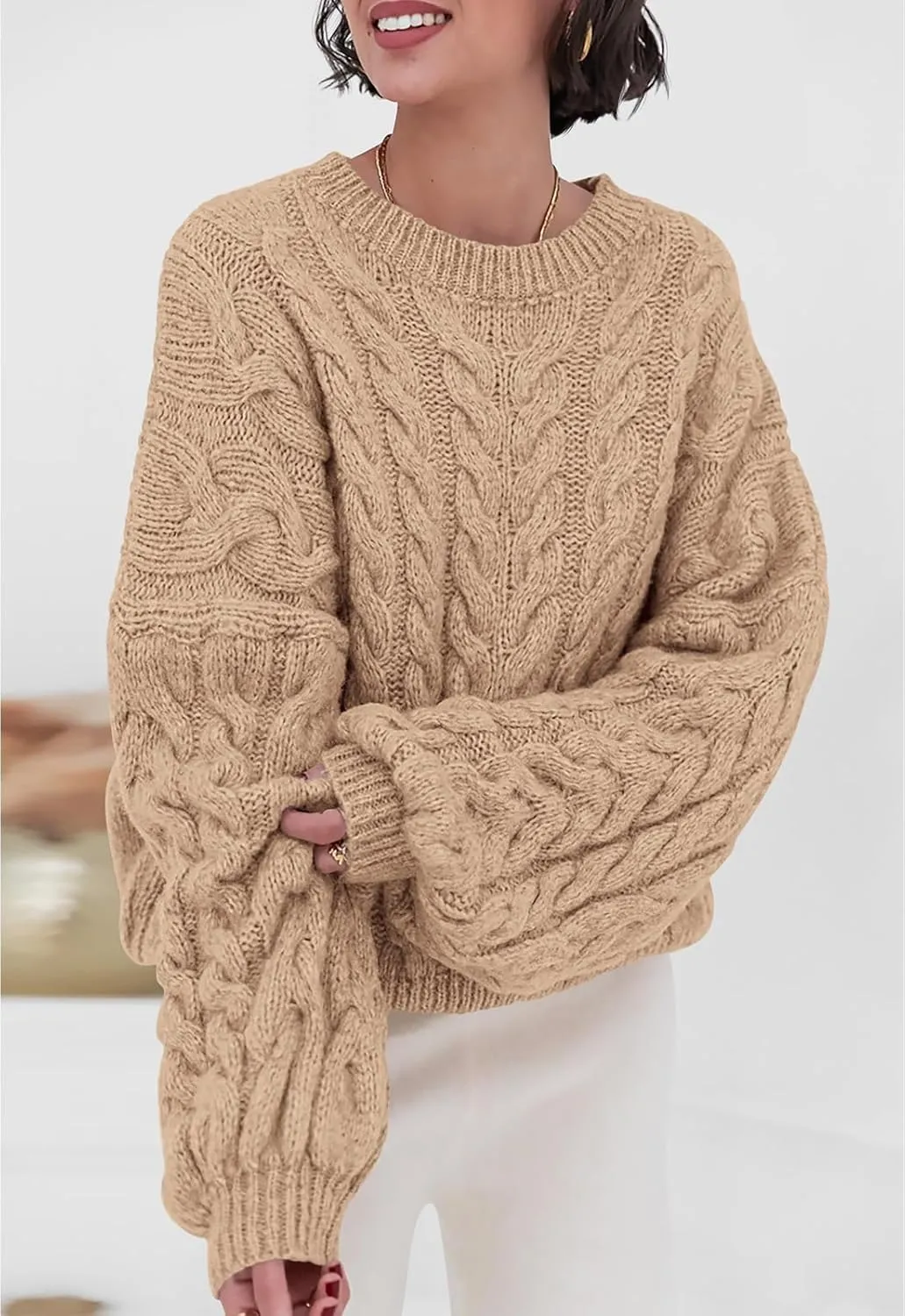 LAVASEON Womens Oversized Cable Knit Sweaters Crewneck Long Sleeve Casual Chunky Pullover Sweater Loose Outfits