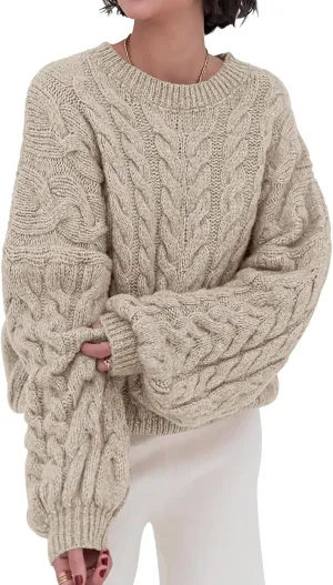 LAVASEON Womens Oversized Cable Knit Sweaters Crewneck Long Sleeve Casual Chunky Pullover Sweater Loose Outfits