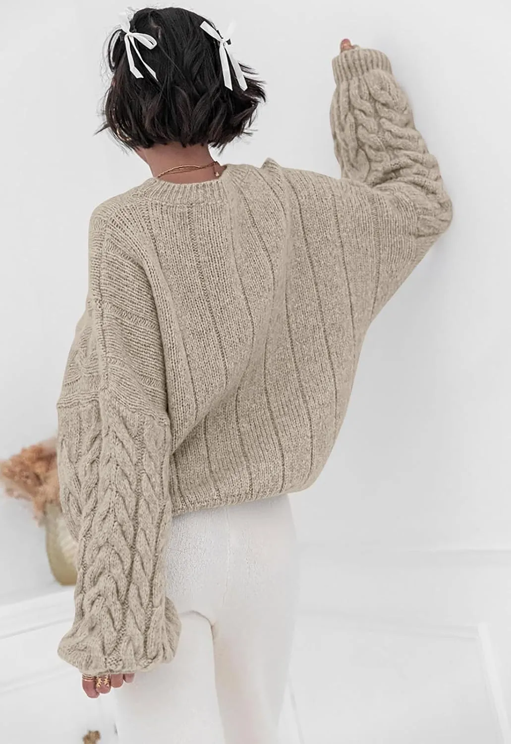 LAVASEON Womens Oversized Cable Knit Sweaters Crewneck Long Sleeve Casual Chunky Pullover Sweater Loose Outfits