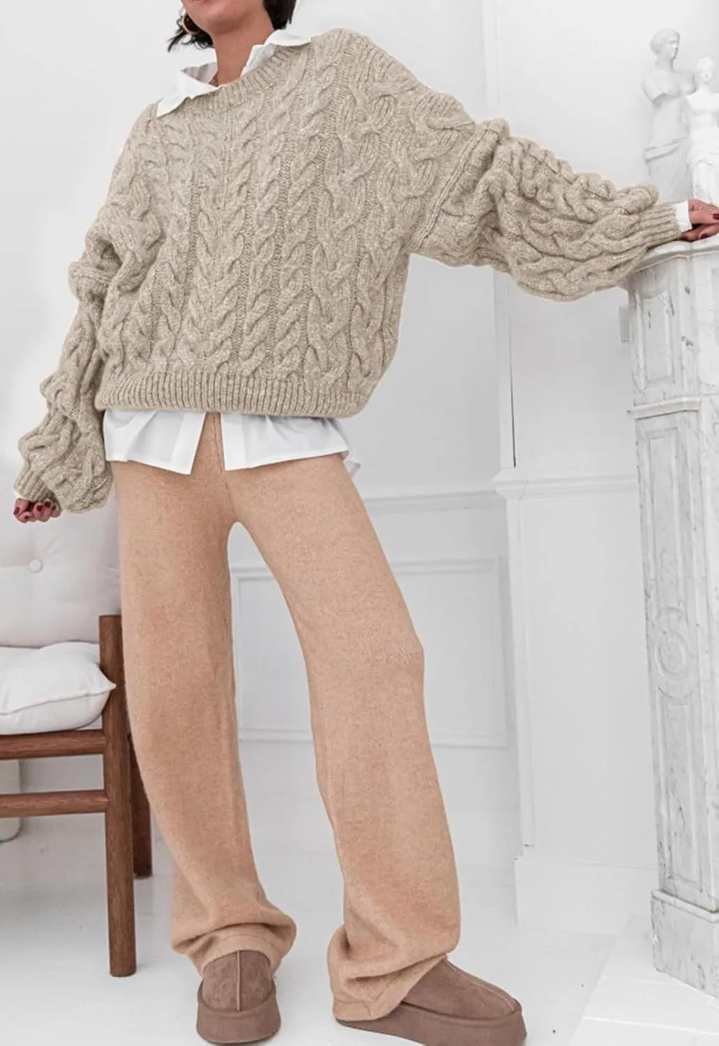 LAVASEON Womens Oversized Cable Knit Sweaters Crewneck Long Sleeve Casual Chunky Pullover Sweater Loose Outfits