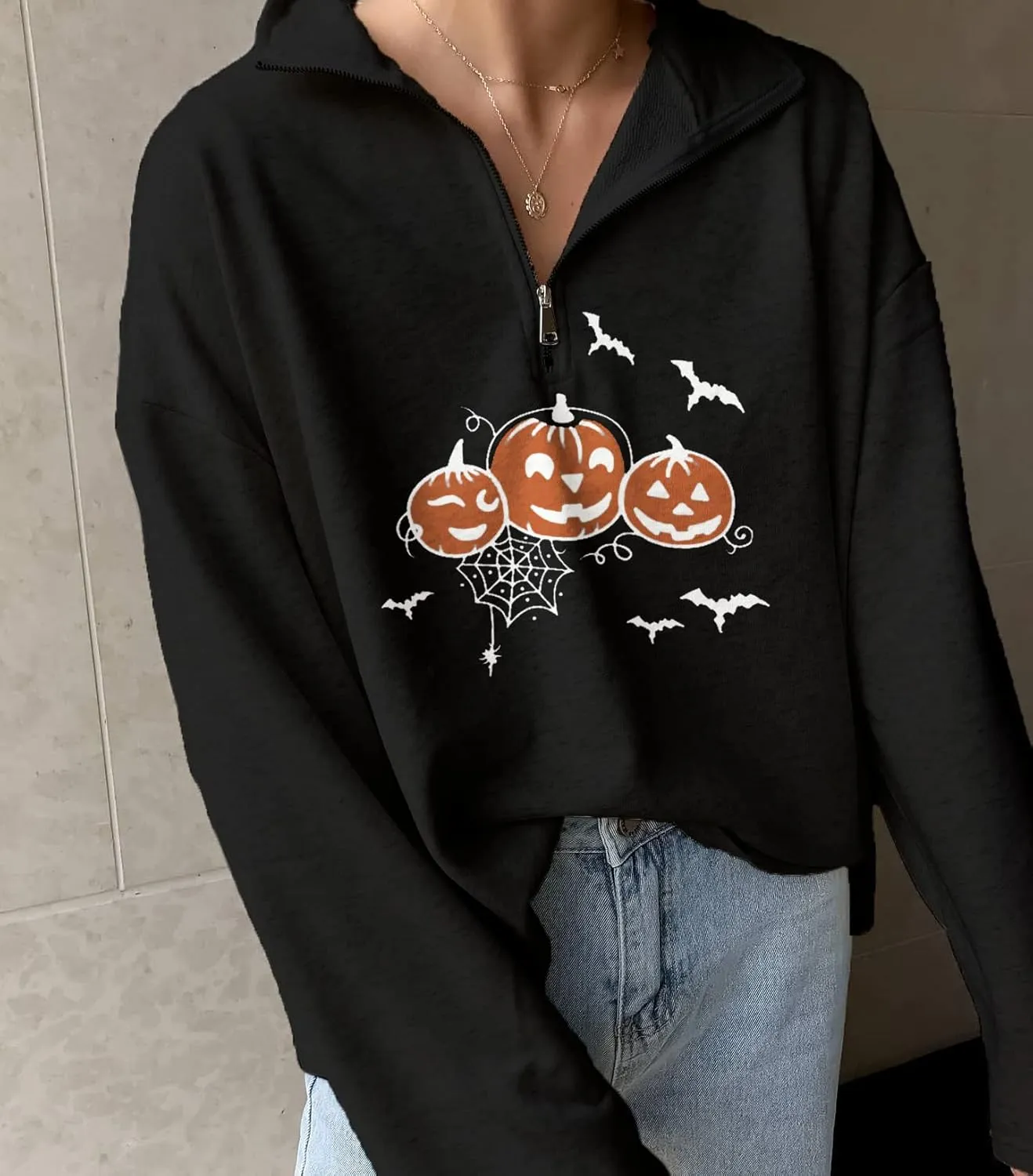 LAVASEON Womens Oversized Half Zip Lapel Sweatshirt Solid Color Casual Long Sleeve Cropped Pullover Top