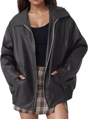 Leather Jacket Women Zip Up Faux Leather Bomber Jackets Lapel Collared Long Sleeve Pocket Coats Fashion Outwear