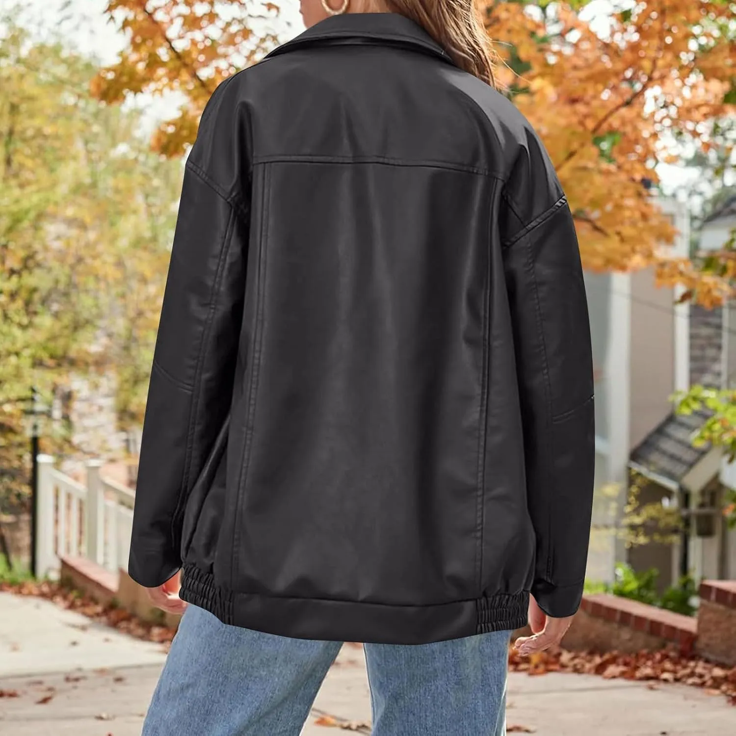 Leather Jacket Women Zip Up Faux Leather Bomber Jackets Lapel Collared Long Sleeve Pocket Coats Fashion Outwear