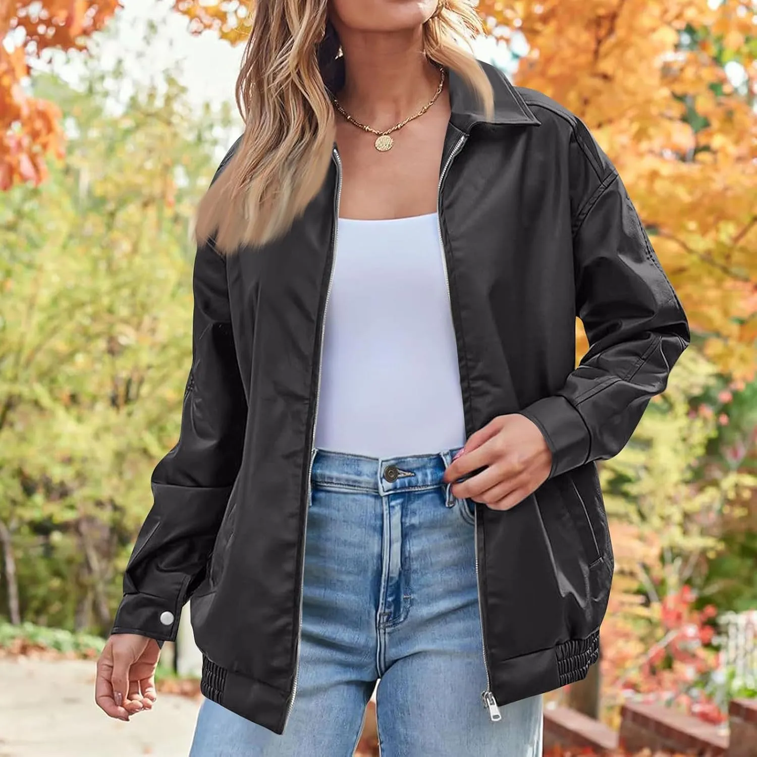 Leather Jacket Women Zip Up Faux Leather Bomber Jackets Lapel Collared Long Sleeve Pocket Coats Fashion Outwear