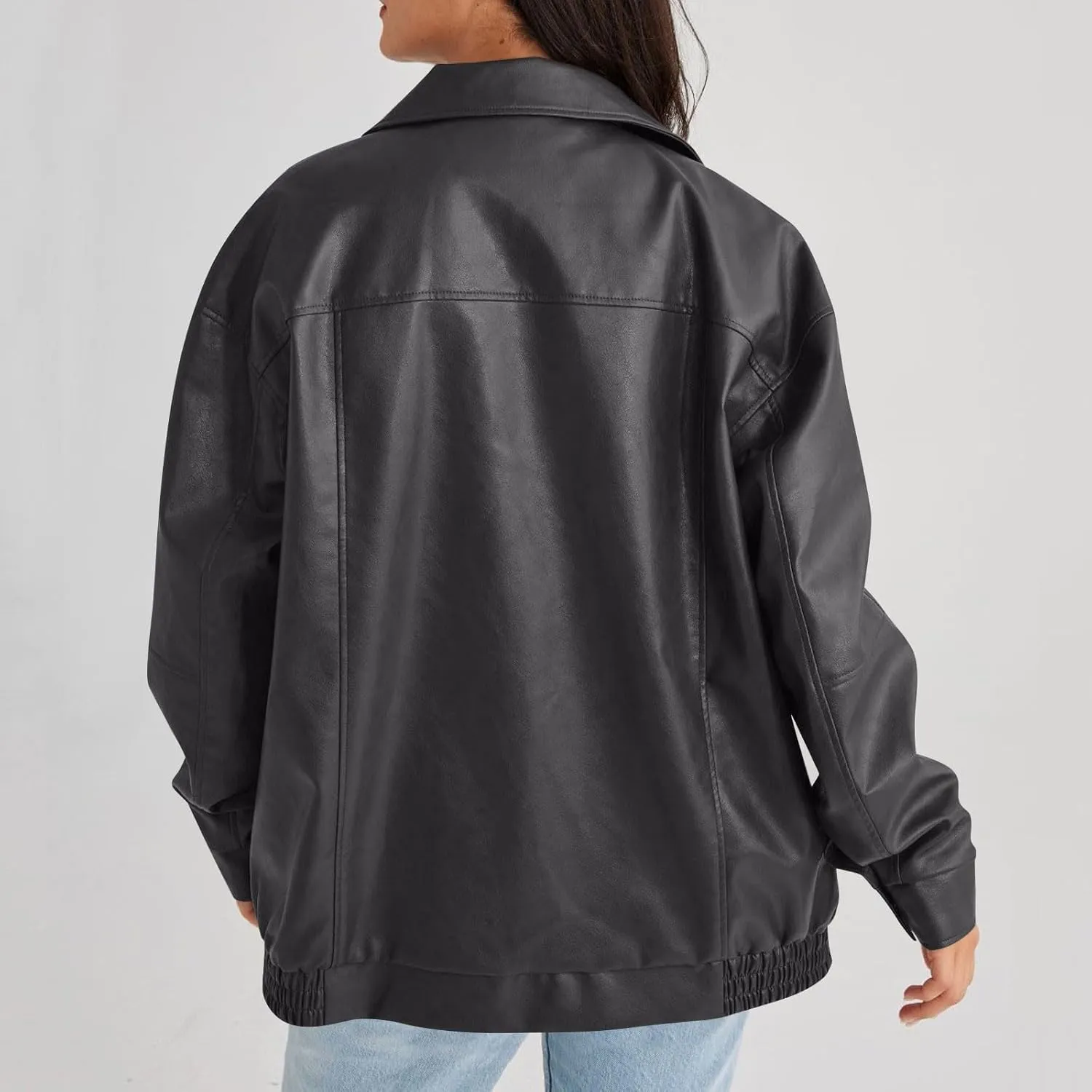 Leather Jacket Women Zip Up Faux Leather Bomber Jackets Lapel Collared Long Sleeve Pocket Coats Fashion Outwear