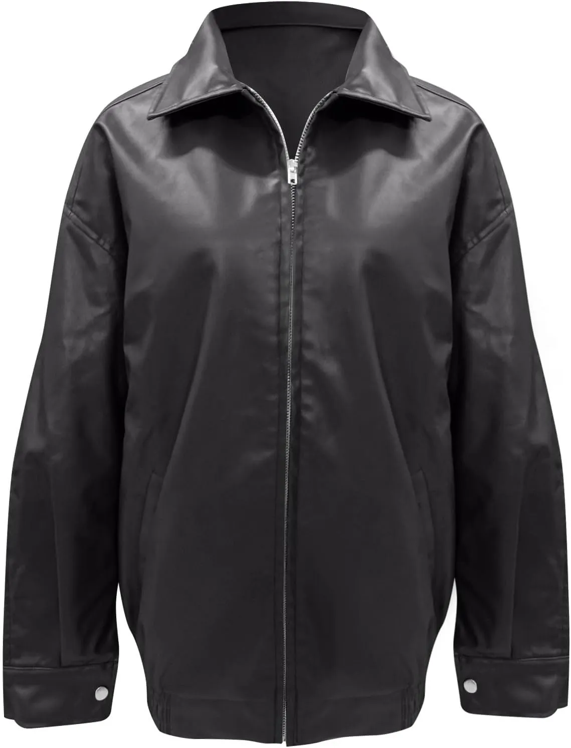 Leather Jacket Women Zip Up Faux Leather Bomber Jackets Lapel Collared Long Sleeve Pocket Coats Fashion Outwear