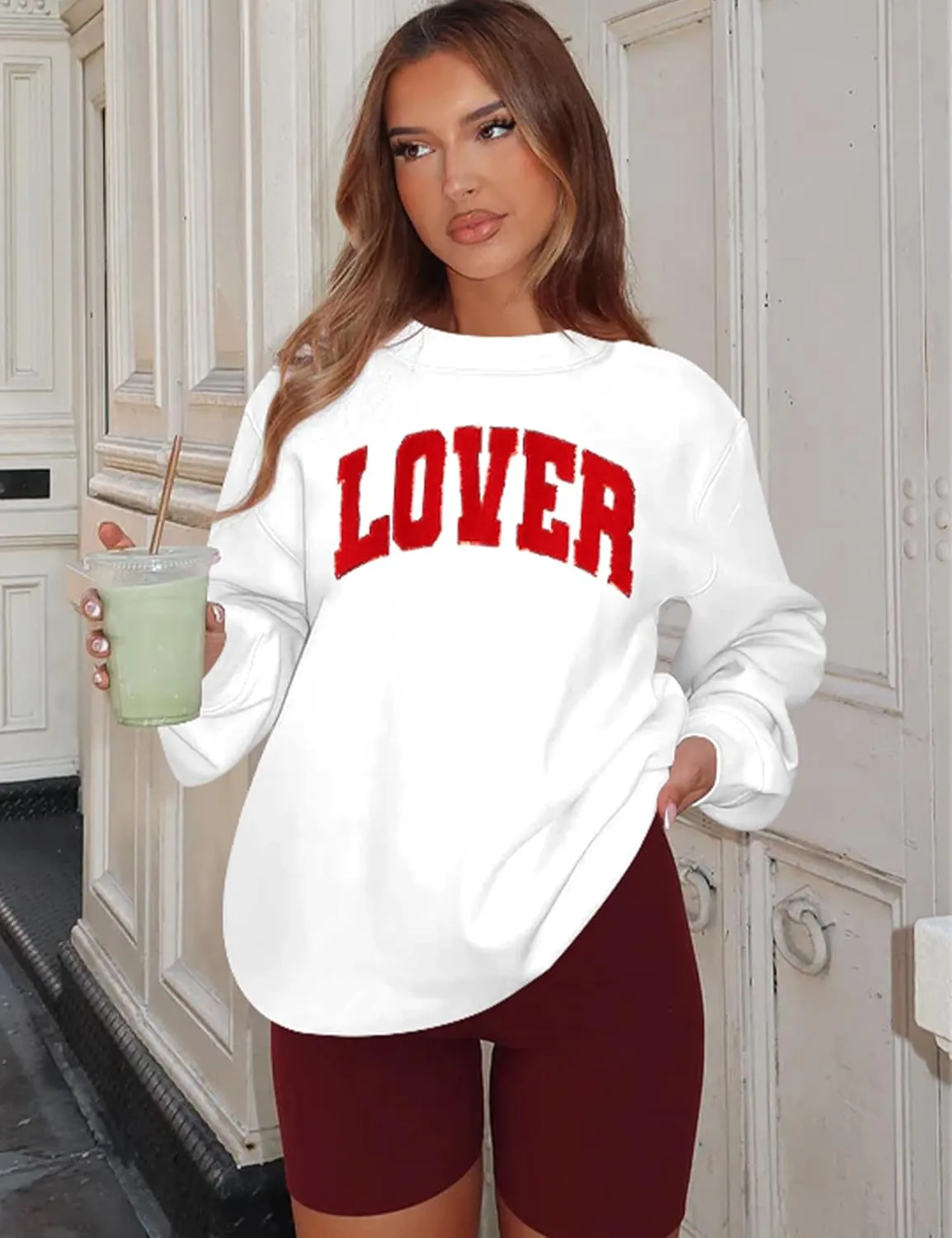 LETSEE Womens Valentines Crewneck Sweatshirt LOVER Letter Chenille Patch Long Sleeve Pullover Tops Oversized Clothes