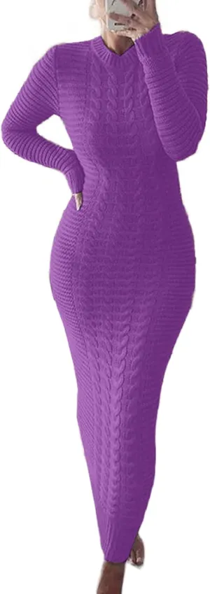 LETSVDO Sweater Dress for Women Maxi Bodycon Cable Knit Long Sleeve Crewneck Ribbed Pencil Pullover Dresses Winter