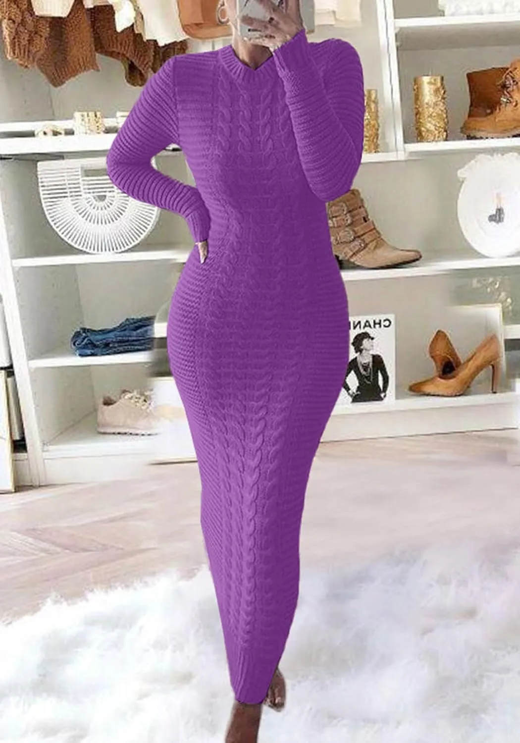 LETSVDO Sweater Dress for Women Maxi Bodycon Cable Knit Long Sleeve Crewneck Ribbed Pencil Pullover Dresses Winter