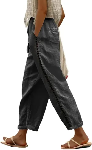 Linen Pants for Women Wide Leg High Waisted Drawstring Trousers Summer Casual Loose Trendy Beach Pants with Pockets