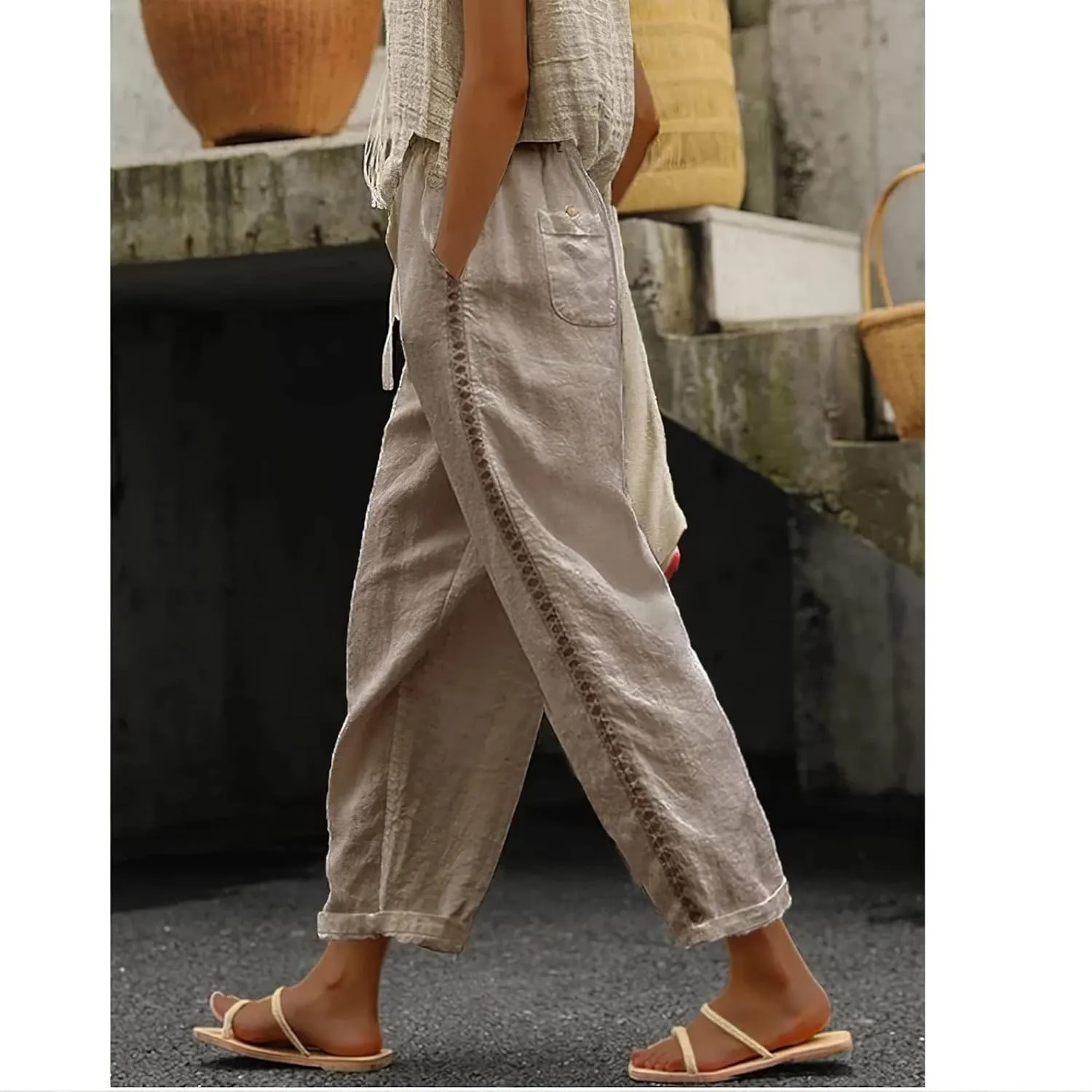 Linen Pants for Women Wide Leg High Waisted Drawstring Trousers Summer Casual Loose Trendy Beach Pants with Pockets