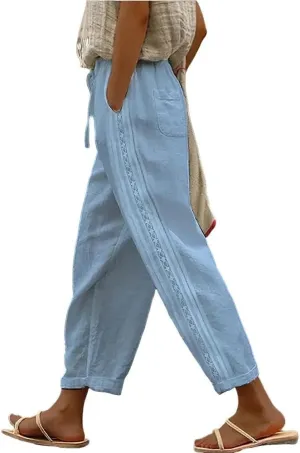 Linen Pants for Women Wide Leg High Waisted Drawstring Trousers Summer Casual Loose Trendy Beach Pants with Pockets
