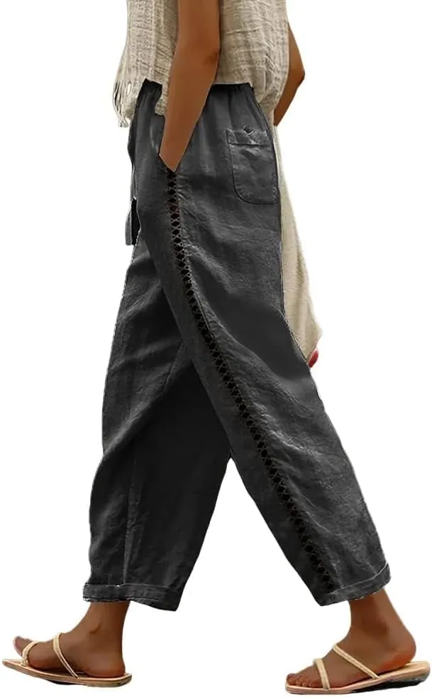 Linen Pants for Women Wide Leg High Waisted Drawstring Trousers Summer Casual Loose Trendy Beach Pants with Pockets