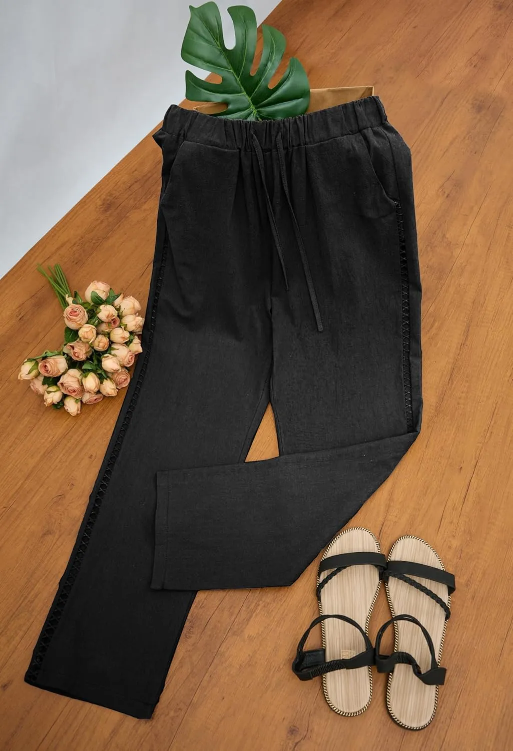 Linen Pants for Women Wide Leg High Waisted Drawstring Trousers Summer Casual Loose Trendy Beach Pants with Pockets