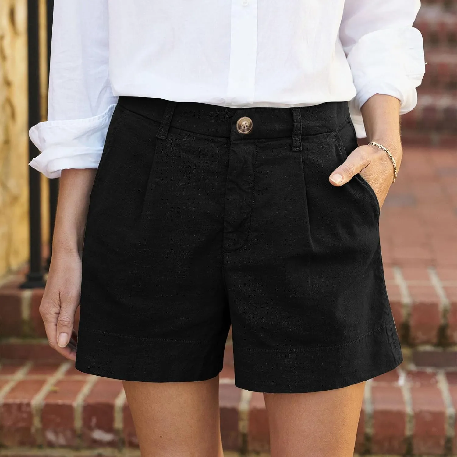 Linen Shorts for Women Dressy Casual Elastic High Waist Work Shorts Baggy Beach Summer Wide Leg Short Pants Pockets