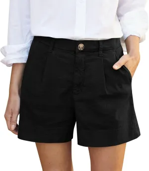 Linen Shorts for Women Dressy Casual Elastic High Waist Work Shorts Baggy Beach Summer Wide Leg Short Pants Pockets