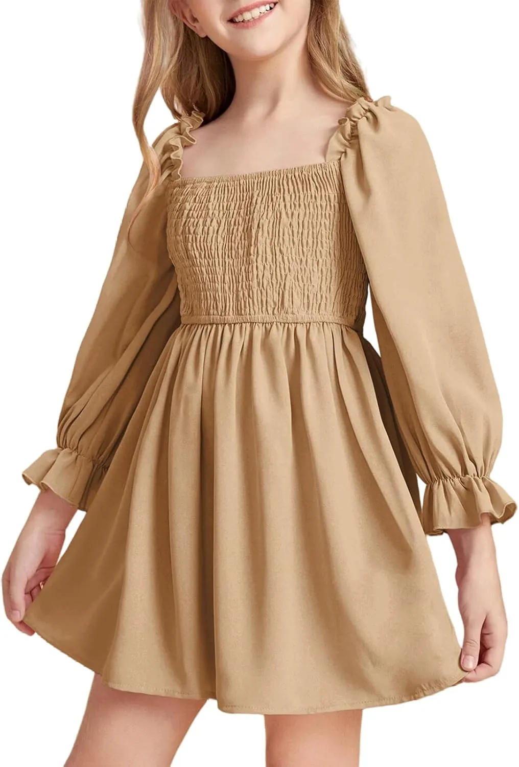 Little Girls Kids Summer Chiffon Ruffle Mini Dress Square Neck Lantern Sleeve Short Dress Tulle Smocked