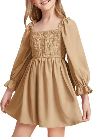 Little Girls Kids Summer Chiffon Ruffle Mini Dress Square Neck Lantern Sleeve Short Dress Tulle Smocked