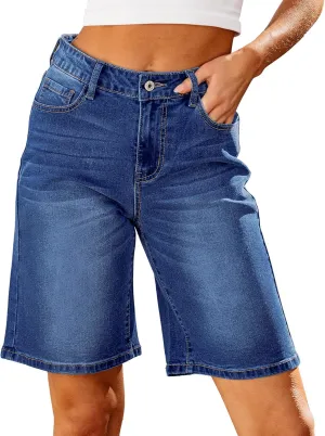 luvamia Bermuda Jean Shorts for Women High Waisted Trendy Stretchy Denim Shorts Knee Length Cutoff Loose Fit Long Shorts