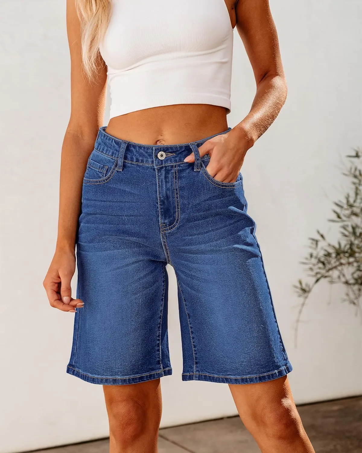 luvamia Bermuda Jean Shorts for Women High Waisted Trendy Stretchy Denim Shorts Knee Length Cutoff Loose Fit Long Shorts