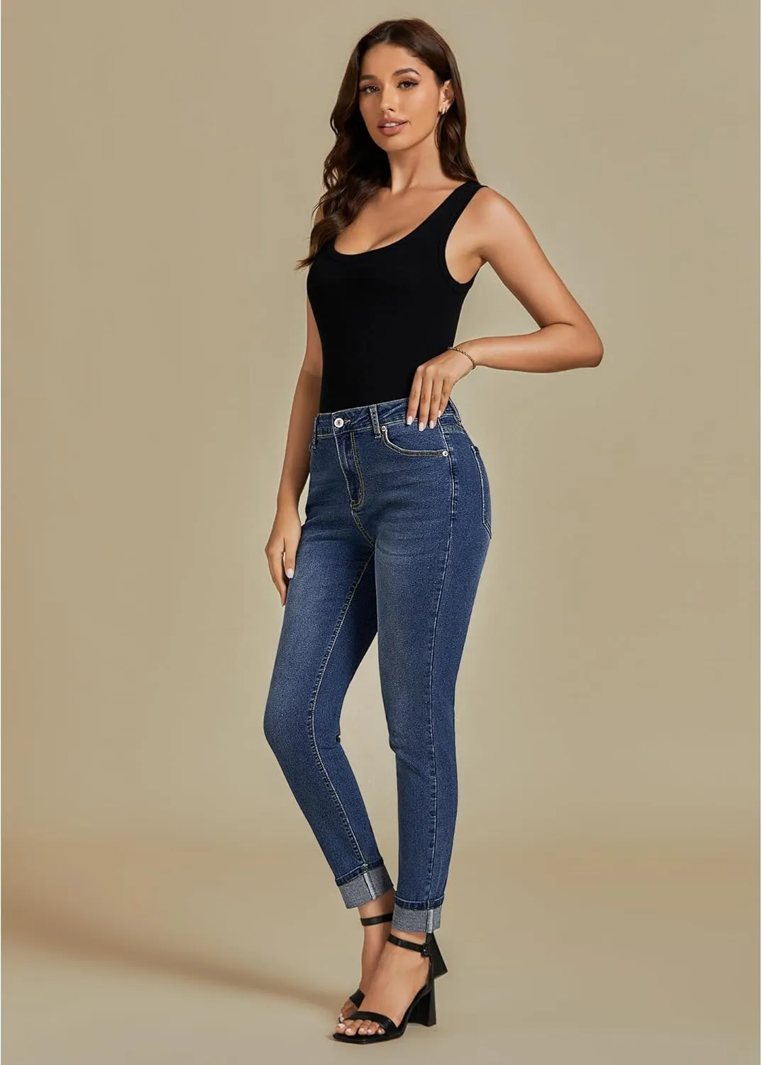 luvamia Skinny Jeans for Women Trendy High Waisted Fold Hem Slim Fit Stretchy Denim Pants Jeggings Jeans with Pockets