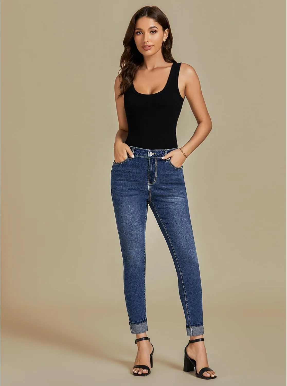 luvamia Skinny Jeans for Women Trendy High Waisted Fold Hem Slim Fit Stretchy Denim Pants Jeggings Jeans with Pockets