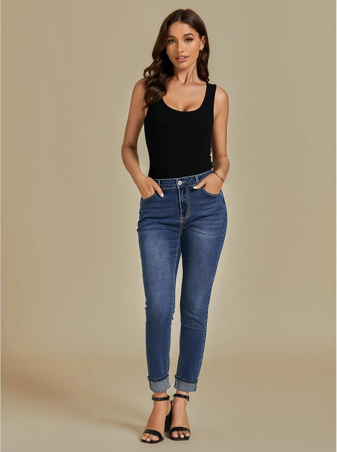 luvamia Skinny Jeans for Women Trendy High Waisted Fold Hem Slim Fit Stretchy Denim Pants Jeggings Jeans with Pockets