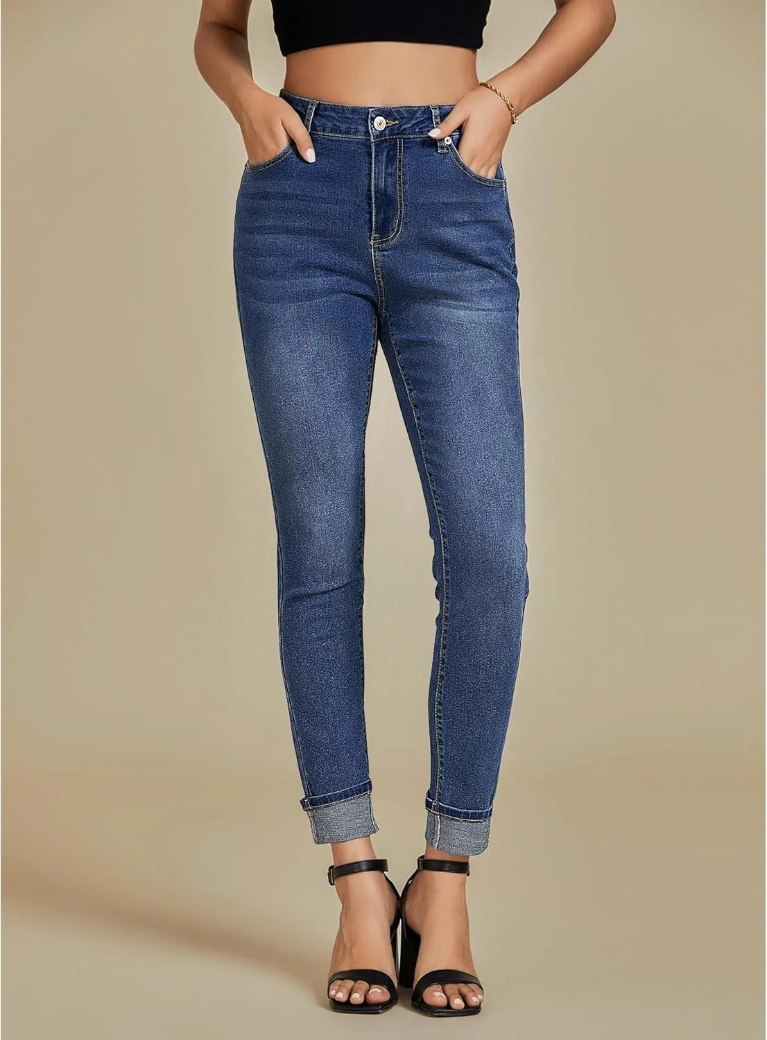 luvamia Skinny Jeans for Women Trendy High Waisted Fold Hem Slim Fit Stretchy Denim Pants Jeggings Jeans with Pockets