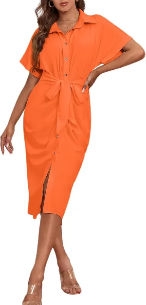 LYANER Women's Collar Button Down Ruched Self Tie Short Sleeve Midi Dress