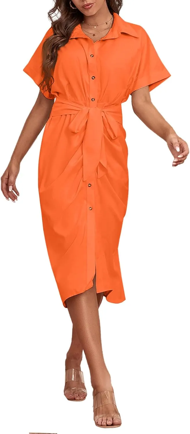 LYANER Women's Collar Button Down Ruched Self Tie Short Sleeve Midi Dress
