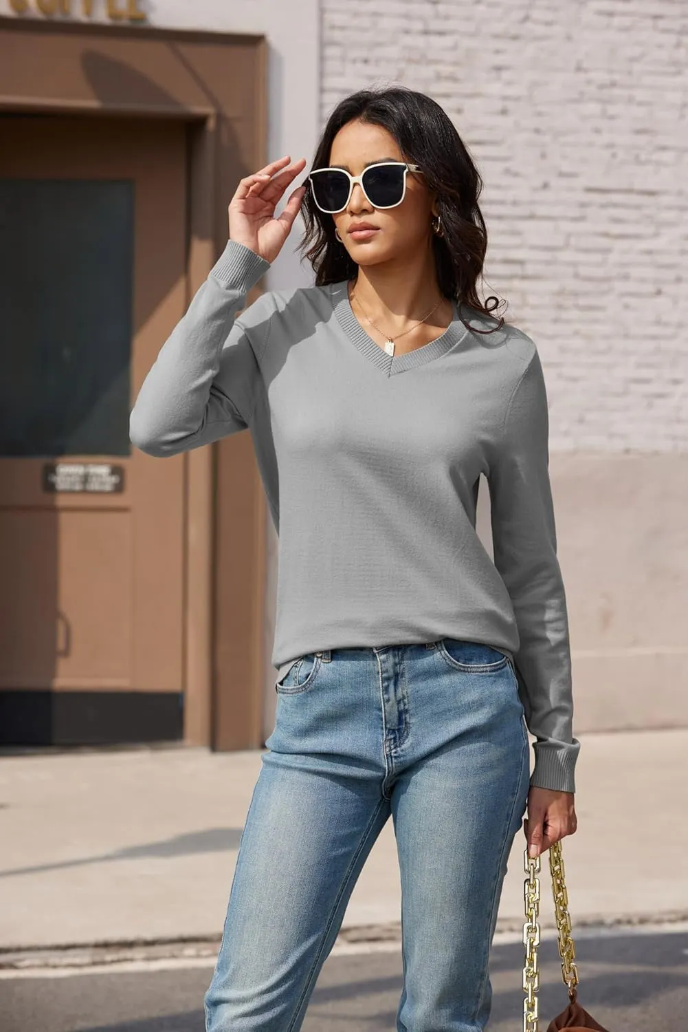 MAGCOMSEN Women's V Neck Sweater 2025 Spring Casual Long Sleeve Tops Knit Lightweight Pullover Sweaters Jumper