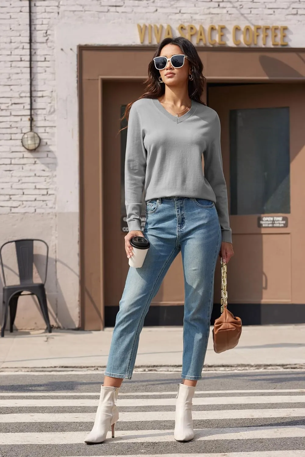 MAGCOMSEN Women's V Neck Sweater 2025 Spring Casual Long Sleeve Tops Knit Lightweight Pullover Sweaters Jumper