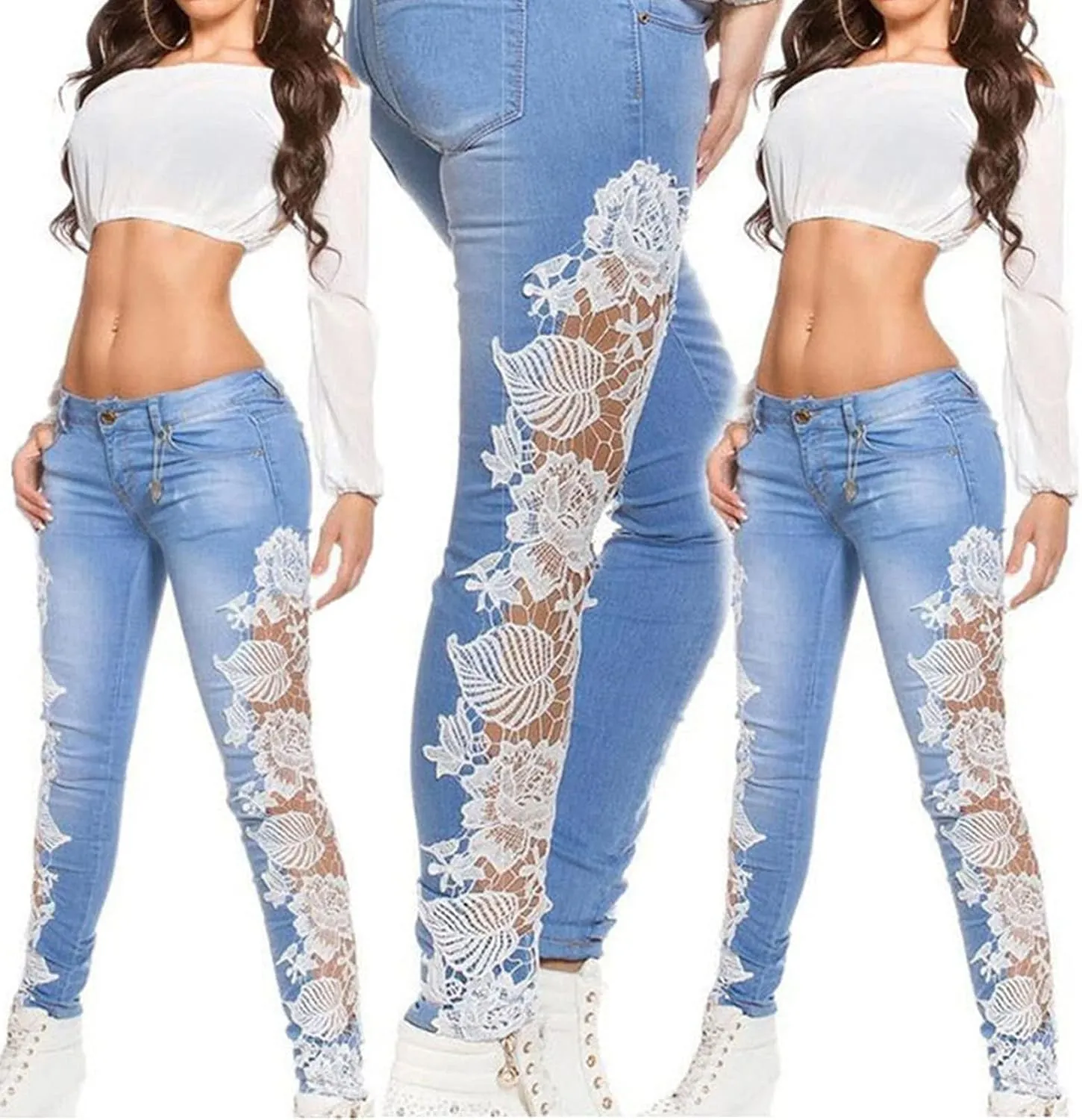 Maiyifu-GJ Women Floral Lace Hollow Jeans High Waist See Through Pencil Denim Pants Sexy Cutout Sheer Slim Skinny Jean (White,Large)