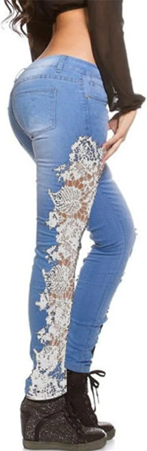 Maiyifu-GJ Women Floral Lace Hollow Jeans High Waist See Through Pencil Denim Pants Sexy Cutout Sheer Slim Skinny Jean (White,Large)