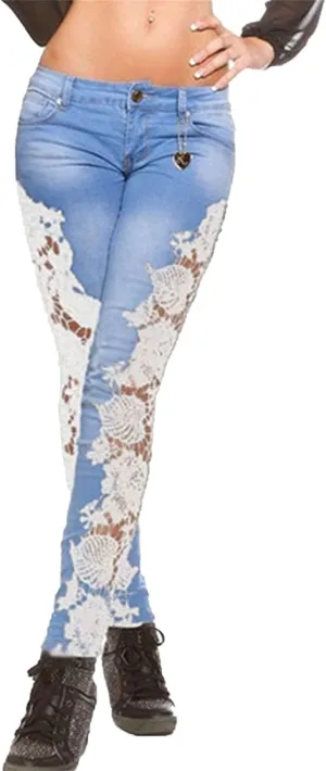 Maiyifu-GJ Women Floral Lace Hollow Jeans High Waist See Through Pencil Denim Pants Sexy Cutout Sheer Slim Skinny Jean (White,Large)