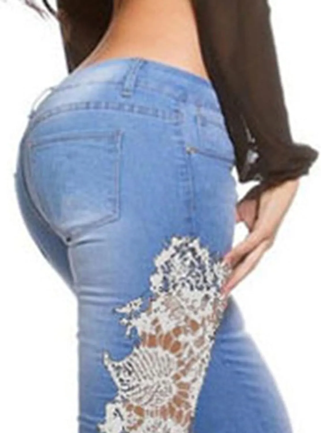 Maiyifu-GJ Women Floral Lace Hollow Jeans High Waist See Through Pencil Denim Pants Sexy Cutout Sheer Slim Skinny Jean (White,Large)