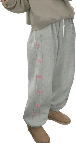 MakeMeChic Women's Bow Print Elastic Waist Drawstring Sweatpants Pocket Baggy Y2K Jogger Pants