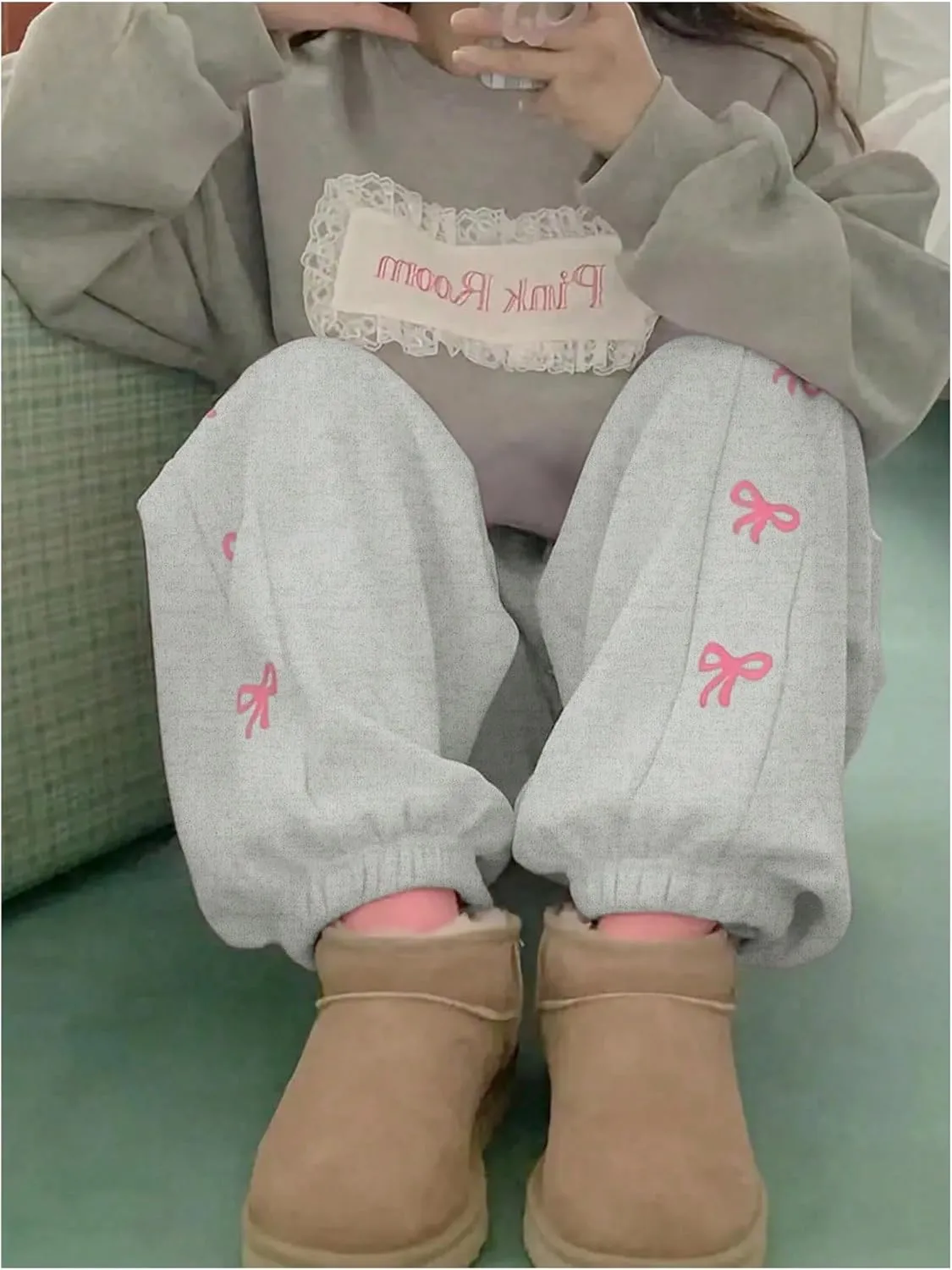 MakeMeChic Women's Bow Print Elastic Waist Drawstring Sweatpants Pocket Baggy Y2K Jogger Pants