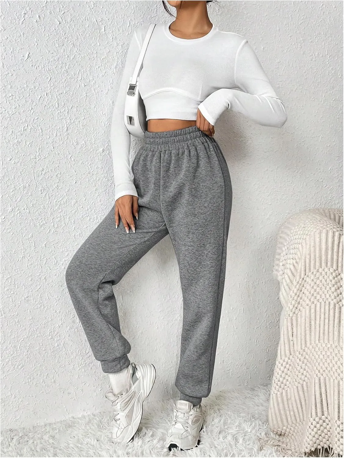 MakeMeChic Women's Elastic Waisted Plain Sweatpants Tapered Athletic Jogger Pants