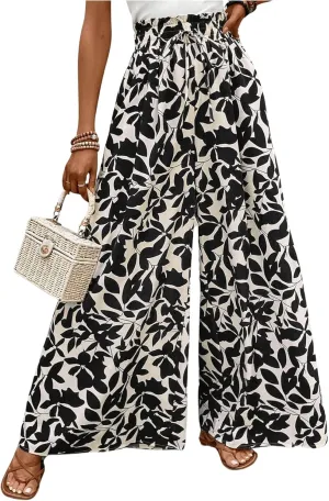 MakeMeChic Women's Floral Wide Leg Trousers Elastic High Waist Frill Trim Loose Long Palazzo Pants