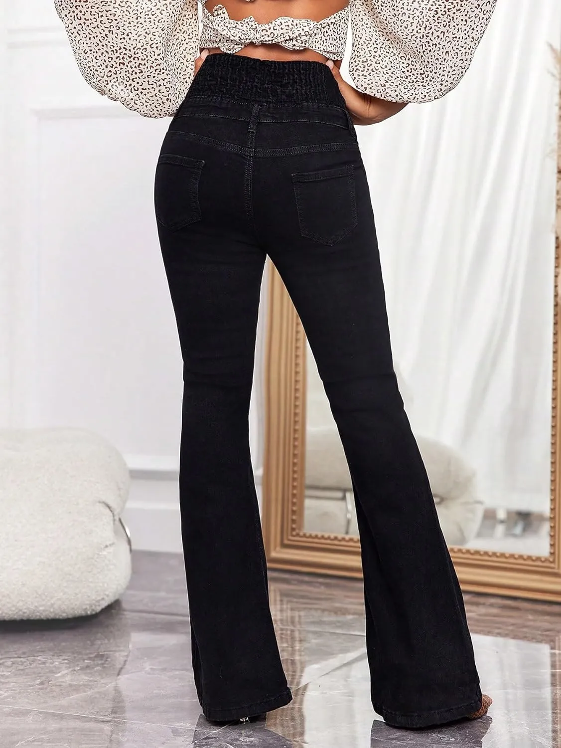 MakeMeChic Women's High Waisted Flare Jeans Y2K Denim Pants Bell Bottom Shirred Skinny Trousers with Pocket
